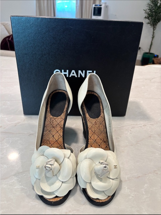 CHANEL Shoes - CHANEL Ivory Leather Camellia Peep-Toe Heels